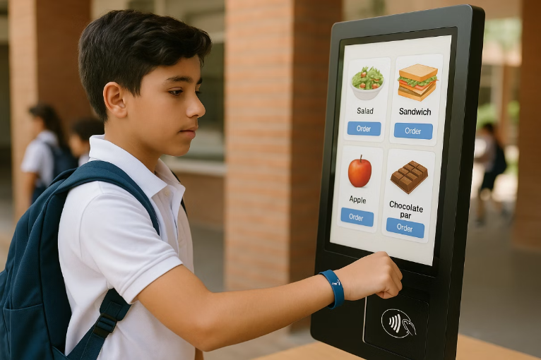 Estudiante usando kiosko con pulsera contactless